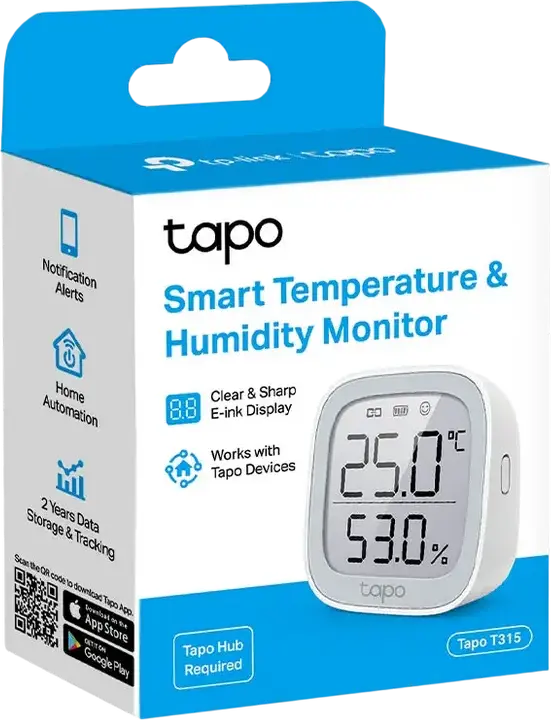 Senzor Inteligent de Temperatură și Umiditate TP-Link Tapo T315, Ecran E-ink 2.7", Monitorizare în Timp Real, Wireless Sub-1G, Stocare Cloud, Alb