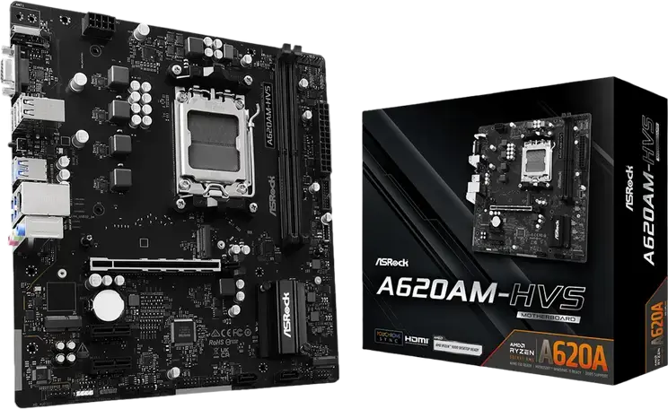 Материнская плата ASRock A620AM-HVS Micro-ATX Socket AM5 Чипсет AMD A620A DDR5 6800+ МГц Dual Channel 128ГБ PCIe 4.0 Hyper M.2 NVMe HDMI VGA BIOS Flashback