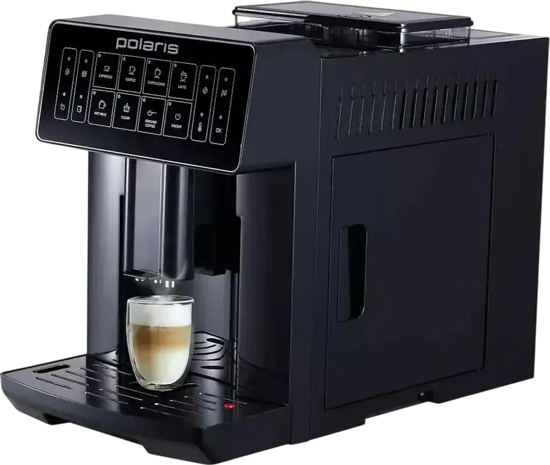 aparat de cafea automat Polaris PACM 2052AC, 1450W, 20 Bar, Otel Inoxidabil, Rezervor 1.6L, 12 Nivele Macinare, Spumator Lapte Automat, Negru