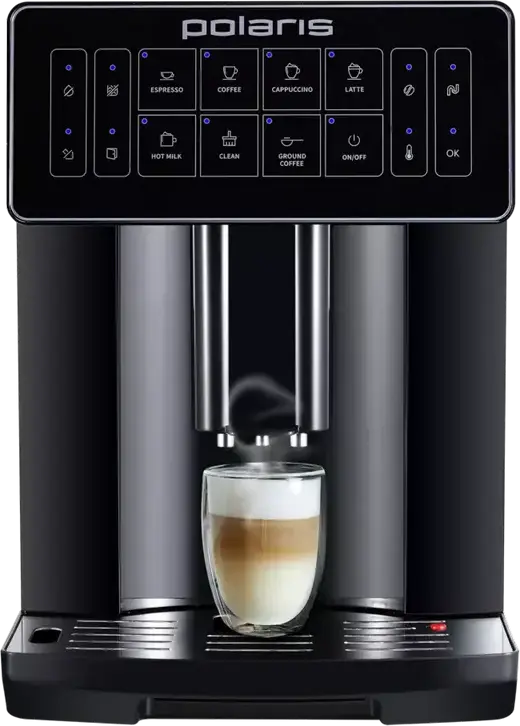 aparat de cafea automat Polaris PACM 2052AC, 1450W, 20 Bar, Otel Inoxidabil, Rezervor 1.6L, 12 Nivele Macinare, Spumator Lapte Automat, Negru