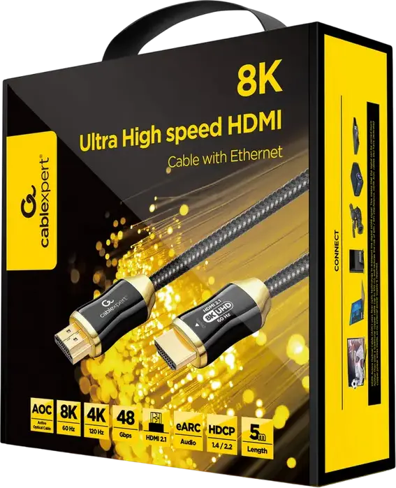 Cablu Optic Activ Cablexpert CCBP-HDMI8K-AOC-5M AOC Premium Series HDMI 2.1, 8K UHD @ 60Hz, 48Gbps, eARC, HDCP 2.2, Impletit Nylon, 5m, Negru