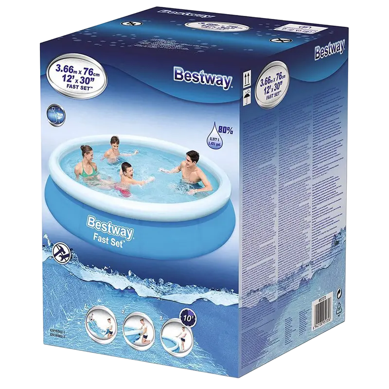 Piscină Inflatabilă Bestway Fast Set 57273, Piscină Supraterană Rotundă din PVC 366 cm x 76 cm, Capacitate 5377L, Albastru/Alb