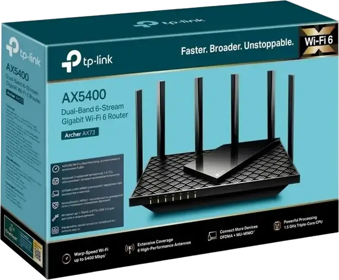 TP-Link Archer AX73 AX5400 Dual-Band Gigabit Wi-Fi 6 Router, 1.5 GHz Triple-Core CPU, 6 Antennas, 4x4 MU-MIMO, OFDMA, USB 3.0, WPA3, HomeShield, Black