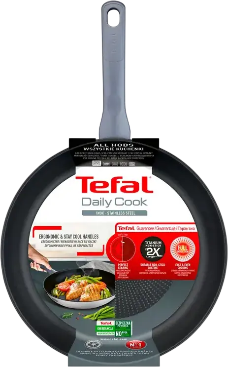 Tefal G7300555 Daily Cook Stainless Steel Frying Pan 26 cm, Titanium 2X Non-Stick Coating, Thermo-spot Heat Indicator, Induction Compatible
