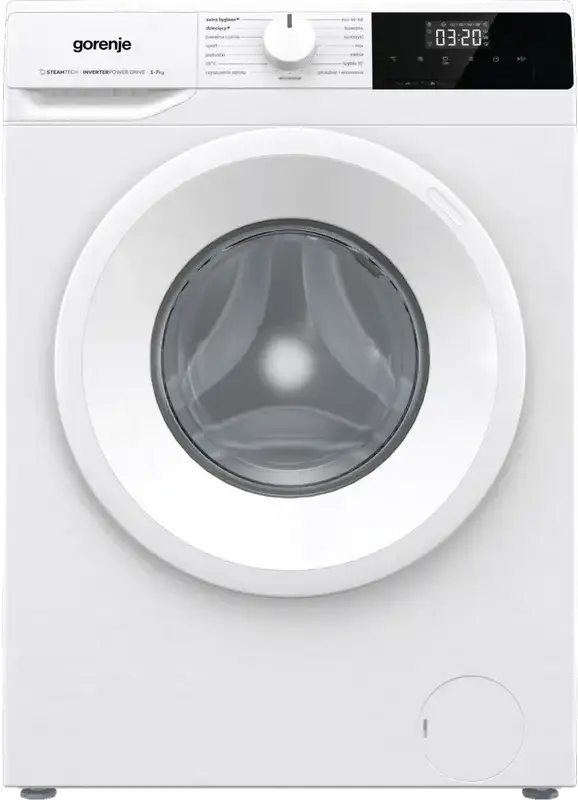 Стиральная машина Gorenje WNHPI72SCSIR/UA с фронтальной загрузкой, 7 кг, 1200 об/мин, инверторный двигатель PowerDrive, обработка паром, 15 программ, белая