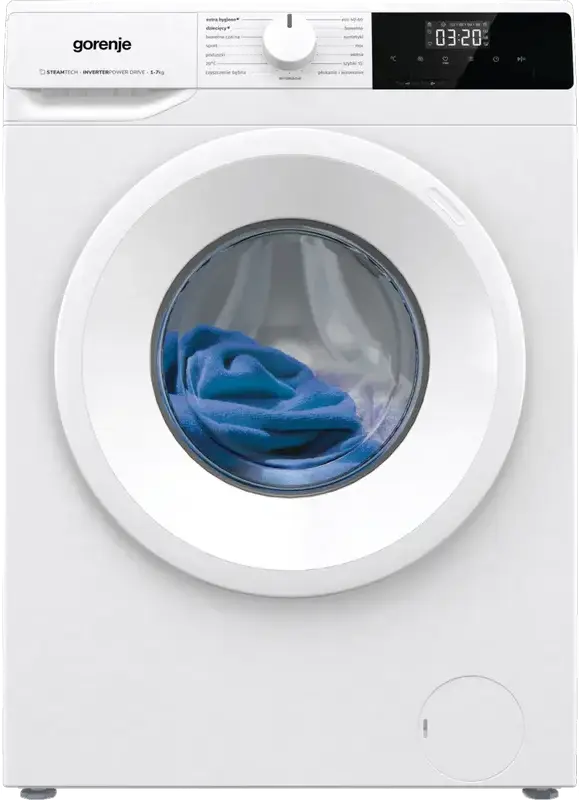 Стиральная машина Gorenje WNHPI72SCSIR/UA с фронтальной загрузкой, 7 кг, 1200 об/мин, инверторный двигатель PowerDrive, обработка паром, 15 программ, белая