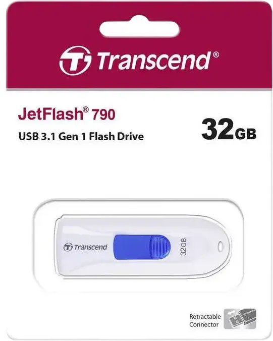 Transcend JetFlash 790 32 GB USB 3.1 Gen 1 Flash Drive, USB Type-A Capless Retractable Slider Design, High-Speed Portable Storage for Windows, macOS, Linux