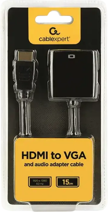 Кабель-переходник Cablexpert A-HDMI-VGA-03 с HDMI на VGA и аудио 3.5 мм, 1920x1080 Full HD @60Hz, HDMI Male - VGA Female, черный, 0.15м