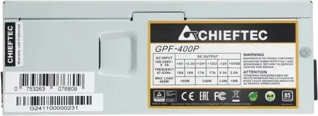 Chieftec Smart Series GPF-400P TFX PC Power Supply 400W Active PFC ATX 12V 2.3 Silver/Grey PSU with Temperature-controlled 80mm Fan