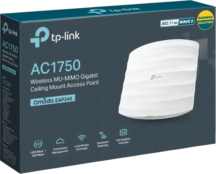 TP-Link EAP245 Omada AC1750 Wireless Dual Band Gigabit Ceiling Mount Access Point, 3x3 MU-MIMO, PoE 802.3at/af, Cloud Management, White