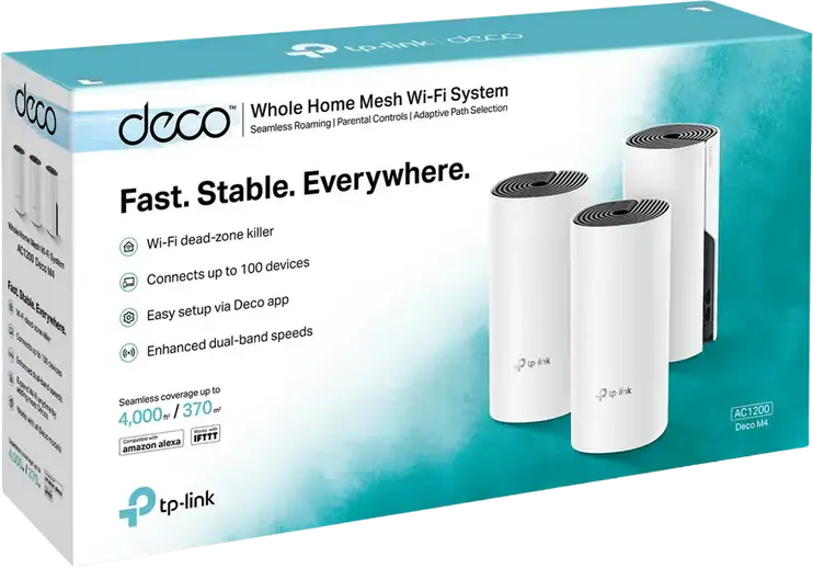 Sistem Wi-Fi Mesh TP-Link Deco M4 AC1200, Set 3 Unități, Dual-Band Gigabit, Acoperire Pană întreagă până la 370m², MU-MIMO, Roaming Perfect, Alb