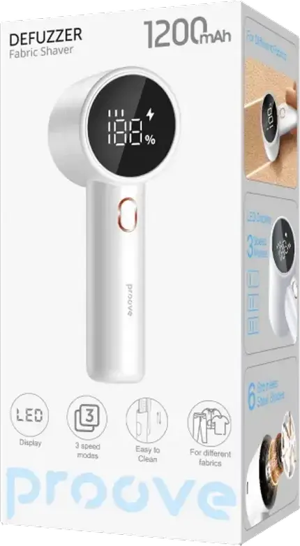 Proove Defuzzer Aparat de Indreptat Haine si Eliminat Scame, Sistem 6 Lame Otel Inoxidabil, 3 Trepte Viteza, Baterie 1200mAh, Incarcare USB Type-C, Alb