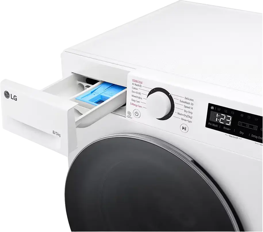 Стирально-сушильная машина LG F2DR509S1W с фронтальной загрузкой, 9кг стирка / 5кг сушка, AI Wash, TurboWash, очистка паром, 1200 об/мин, белая