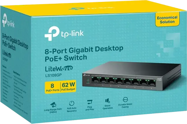 TP-Link LiteWave LS108GP 8-Port Gigabit Desktop PoE+ Switch, 62W Total Power Budget, 30W per Port, Extend Mode 250m, Recovery Mode, Metal Casing, Grey