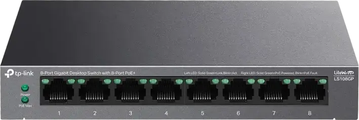 TP-Link LiteWave LS108GP 8-Port Gigabit Desktop PoE+ Switch, 62W Total Power Budget, 30W per Port, Extend Mode 250m, Recovery Mode, Metal Casing, Grey