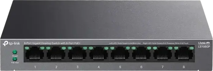 TP-Link LiteWave LS108GP 8-Port Gigabit Desktop PoE+ Switch, 62W Total Power Budget, 30W per Port, Extend Mode 250m, Recovery Mode, Metal Casing, Grey
