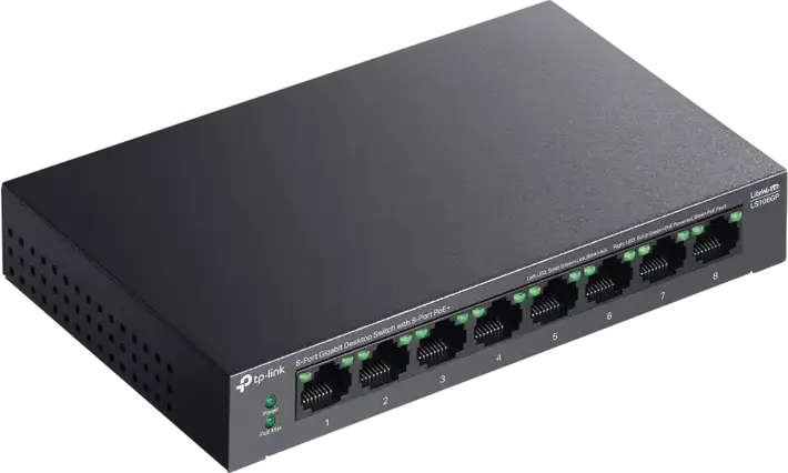 TP-Link LiteWave LS108GP 8-Port Gigabit Desktop PoE+ Switch, 62W Total Power Budget, 30W per Port, Extend Mode 250m, Recovery Mode, Metal Casing, Grey