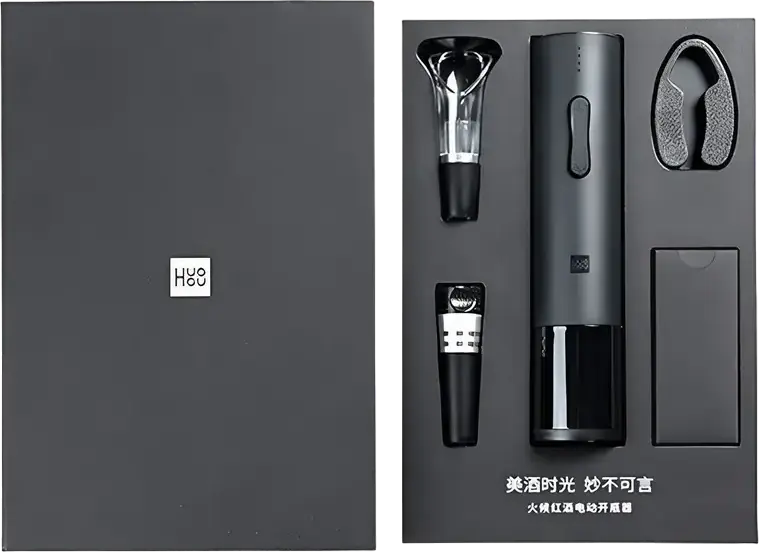 Huohou HU0047 Electric Wine Opener Set, Automatic Corkscrew with Foil Cutter, Wine Aerator and Vacuum Stopper, Micro-USB Rechargeable, Black