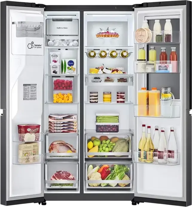 Frigider LG GSXV90MCDE Side-by-Side, Negru Mat, Volum Net 635L, InstaView Door-in-Door, CraftIce, UVnano, ThinQ, Inverter Linear Compressor