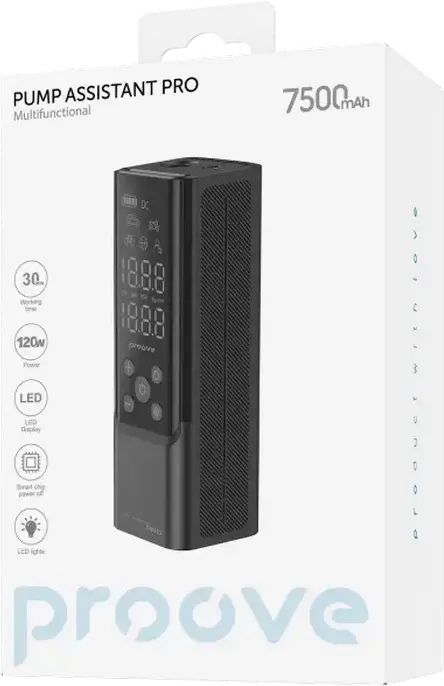 Proove Pump Assistant Pro PPAP80010901 Portable Air Compressor, 120W, 7500mAh Battery, Digital LED Display, LED Flashlight, Black
