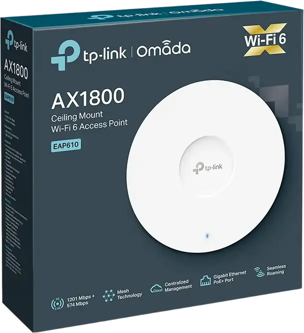 TP-Link EAP610 Wi-Fi 6 AX1800 Ceiling Mount Wireless Access Point, 1775 Mbps, Dual Band, PoE+ 802.3at, Omada SDN Centralized Cloud Management, White
