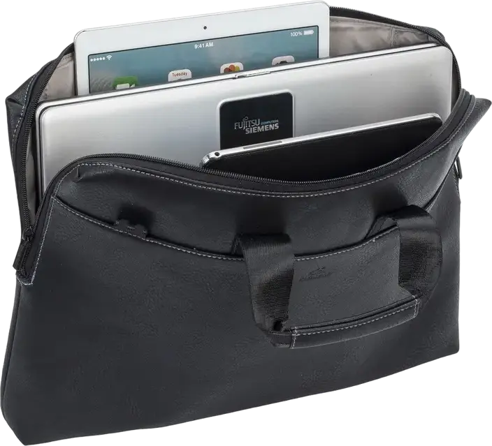 Geanta Laptop RivaCase Orly 8940-PU pentru laptopuri pana la 16 inch si tablete de 10.1 inch, Piele PU Neagra cu Curea de Trolley si Protectie