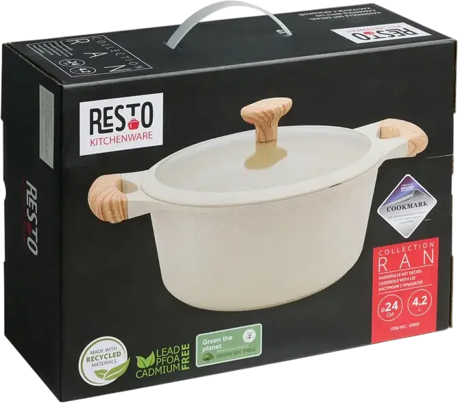 Cratiță Resto 93803 Ran Aluminiu 4.2L 24cm, Înveliș Non-Stick Pfluon, Bază Inducție, Capac Sticlă, Mânere Efect Lemn, Bej