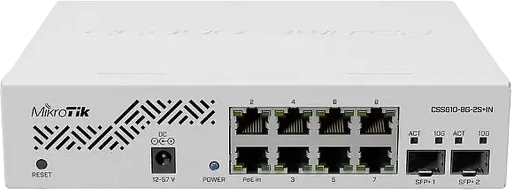 Switch Smart MikroTik CSS610-8G-2S+IN Cloud, 8 Porturi Gigabit Ethernet, 2 Porturi 10G SFP+, SwOS Lite, Managed Layer 2, Passive PoE-in, Alb