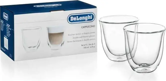 DeLonghi DLSC311 Double Wall Thermo Cappuccino Glasses, 2 Pieces, 190ml Borosilicate Glass Thermal Insulation Cups, Dishwasher Safe Transparent Set
