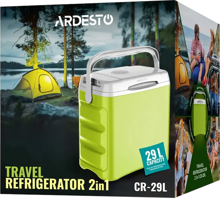 Ardesto CR-29L 2-in-1 Travel Refrigerator Cooler and Warmer, 29L Capacity, Peltier Technology, 12V/240V AC DC Power, A+++ Energy Class, Light Green