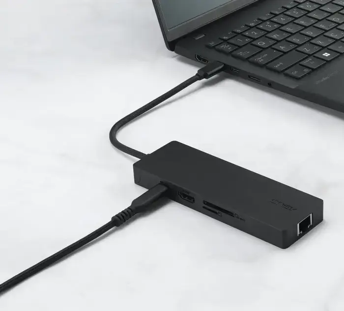USB-C хаб ASUS DC210 8-в-1, док-станция HDMI 4K@60Hz, зарядка PD 100W, Ethernet RJ45, картридер SD/microSD, алюминиевый корпус, черный