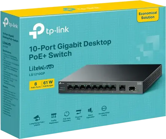 TP-Link LiteWave LS1210GP 10-Port Gigabit Desktop Switch, 8-Port PoE+ 61W, 1 SFP Slot, 250m Extend Mode, PoE Auto Recovery, Fanless Metal Case