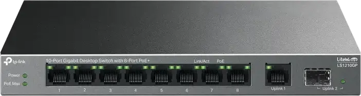 TP-Link LiteWave LS1210GP 10-Port Gigabit Desktop Switch, 8-Port PoE+ 61W, 1 SFP Slot, 250m Extend Mode, PoE Auto Recovery, Fanless Metal Case