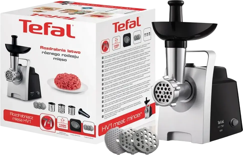 Tefal NE108831 HV 7 in 1 Meat Grinder, 1400W, 1.7 kg/min Capacity, Stainless Steel Housing, Reverse Function, with Sausage Attachment and Slicing Drums