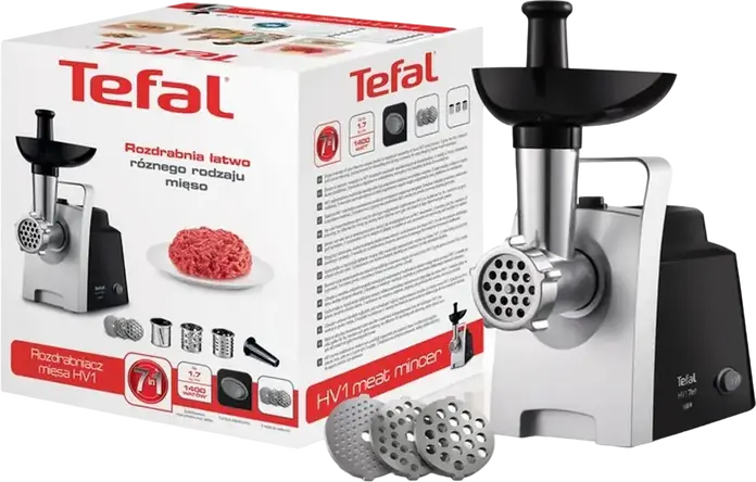 Tefal NE108831 HV 7 in 1 Meat Grinder, 1400W, 1.7 kg/min Capacity, Stainless Steel Housing, Reverse Function, with Sausage Attachment and Slicing Drums