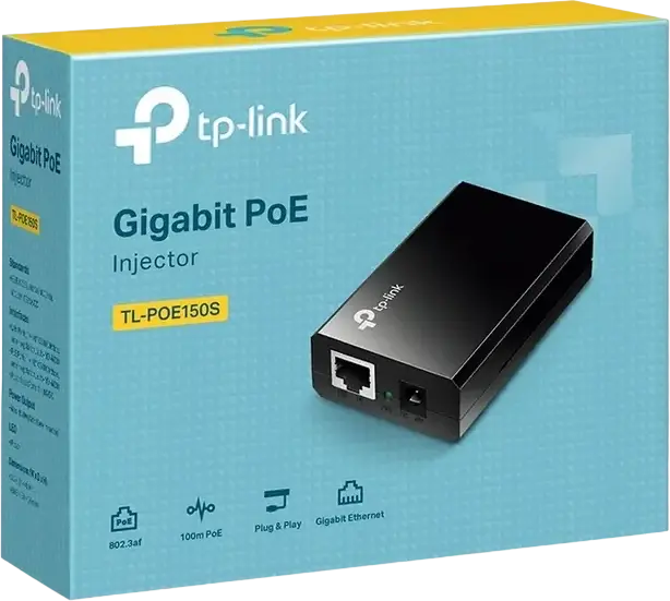TP-Link TL-POE150S Gigabit PoE Injector, IEEE 802.3af Standard, 15.4W Max Power Output, 48V, Auto-Sensing Algorithm, 100m Transmission Distance, Black
