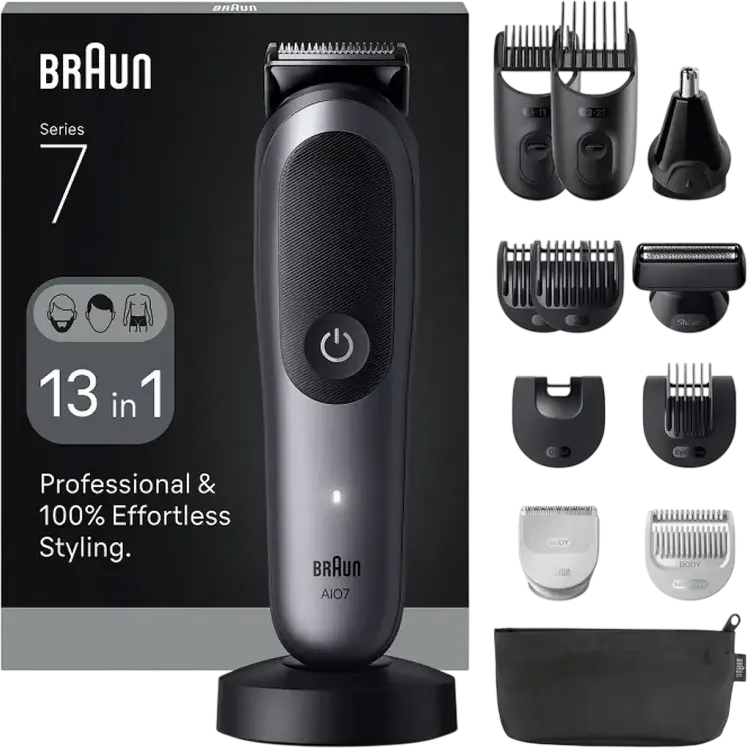 Мультифункциональный триммер Braun All-in-One Series 7 AIO7560, набор 13-в-1 с технологиями ProBlade и AutoSense, SkinGuard для тела, водонепроницаемый, серый
