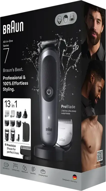 Мультифункциональный триммер Braun All-in-One Series 7 AIO7560, набор 13-в-1 с технологиями ProBlade и AutoSense, SkinGuard для тела, водонепроницаемый, серый