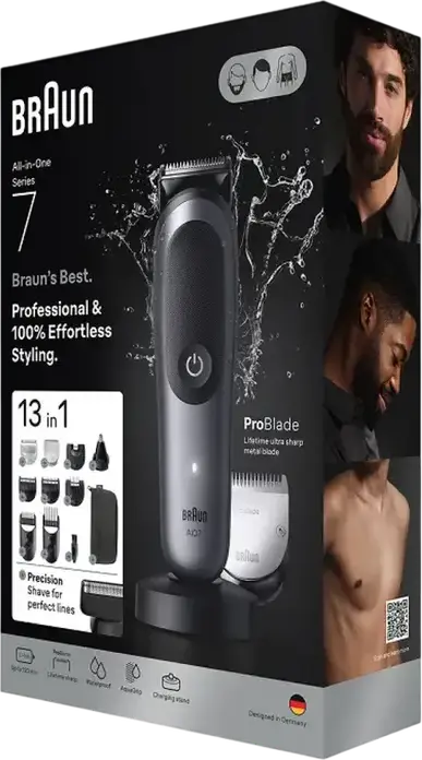 Мультифункциональный триммер Braun All-in-One Series 7 AIO7560, набор 13-в-1 с технологиями ProBlade и AutoSense, SkinGuard для тела, водонепроницаемый, серый