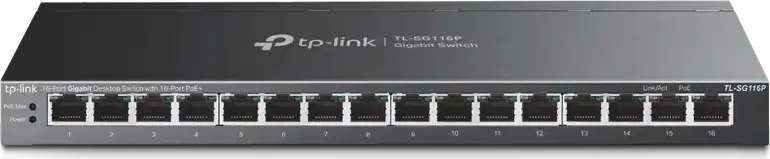 Сетевой коммутатор TP-Link TL-SG116P 16 портов Gigabit Unmanaged PoE+, бюджет мощности 120 Вт, IEEE 802.3af/at, дальность до 250 м, металлический корпус