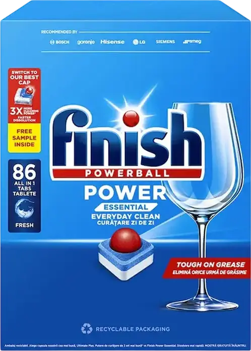 Finish Power Essential Fresh Tablete Masina de Spalat Vase cu Tehnologie Powerball, Eficiente impotase Grasimii si Petele Uscate, Aroma de Lamanie
