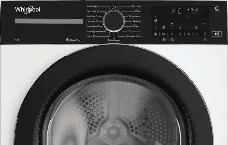Whirlpool WPS C7X WBS EE X Heat Pump Condenser Tumble Dryer, 7kg Capacity, Energy Class C, HomeWhiz Connectivity, LED Display, White/Black, 15 Programs