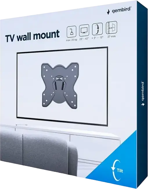 Gembird WM-42T-03 Tilting Wall Mount for 23-42 inch Screens, VESA 75x75 to 200x200mm, Max Load 25kg, Steel Construction, +3°/-12° Tilt Angle