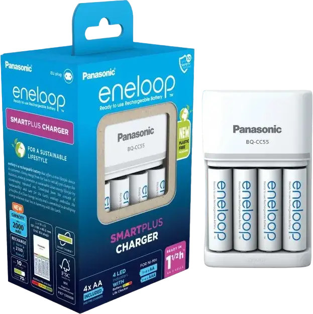 Încărcător de baterii Panasonic BQ-CC55 SmartPlus pentru baterii Ni-MH AA și AAA, 4 sloturi cu control individual, include 4 baterii eneloop AA 2000mAh