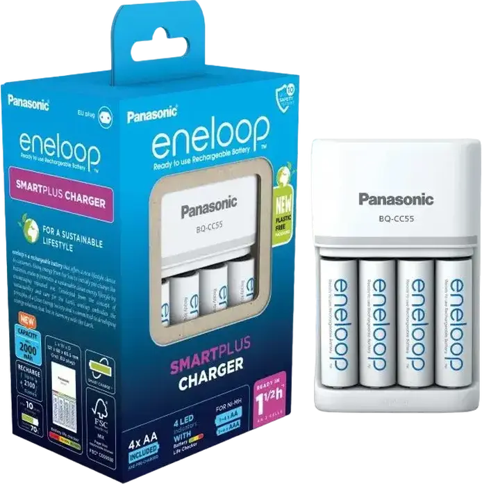 Încărcător de baterii Panasonic BQ-CC55 SmartPlus pentru baterii Ni-MH AA și AAA, 4 sloturi cu control individual, include 4 baterii eneloop AA 2000mAh