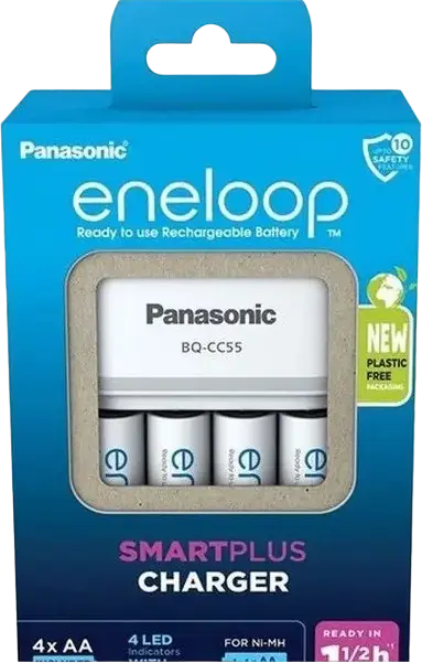 Încărcător de baterii Panasonic BQ-CC55 SmartPlus pentru baterii Ni-MH AA și AAA, 4 sloturi cu control individual, include 4 baterii eneloop AA 2000mAh