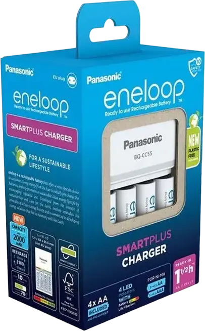 Încărcător de baterii Panasonic BQ-CC55 SmartPlus pentru baterii Ni-MH AA și AAA, 4 sloturi cu control individual, include 4 baterii eneloop AA 2000mAh