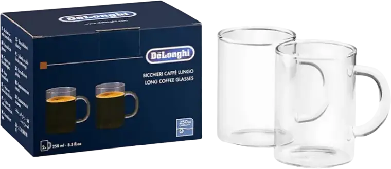 Set 2 Pahare pentru Cafea Lungă DeLonghi DLSC320, 250ml Sticlă Borosilicată, Transparente cu Mâner Ergonomic, Compatibile cu Americano și Nespresso