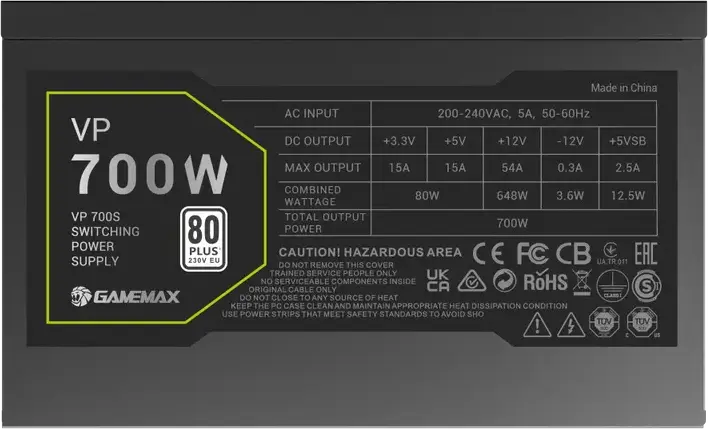 Gamemax VP-700S 700W ATX Power Supply, 80 PLUS Bronze Efficiency, Active PFC, 120mm HDB Fan with ECO Mode, Flat Cables, Black