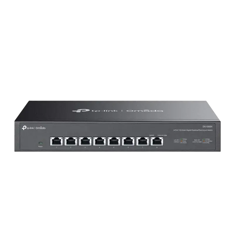 Switch Neadministrat TP-Link DS1008X Omada Multi-Gigabit, 8 Porturi 10GbE (100Mbps - 10Gbps), Capacitate Comutare 160 Gbps, Carcasă Oțel, Desktop/Rackmount
